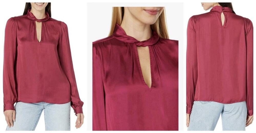 NWT PAIGE Ceres Blouse M Mulberry Pink Red Satin Twist Mock Neck Keyhole Top L